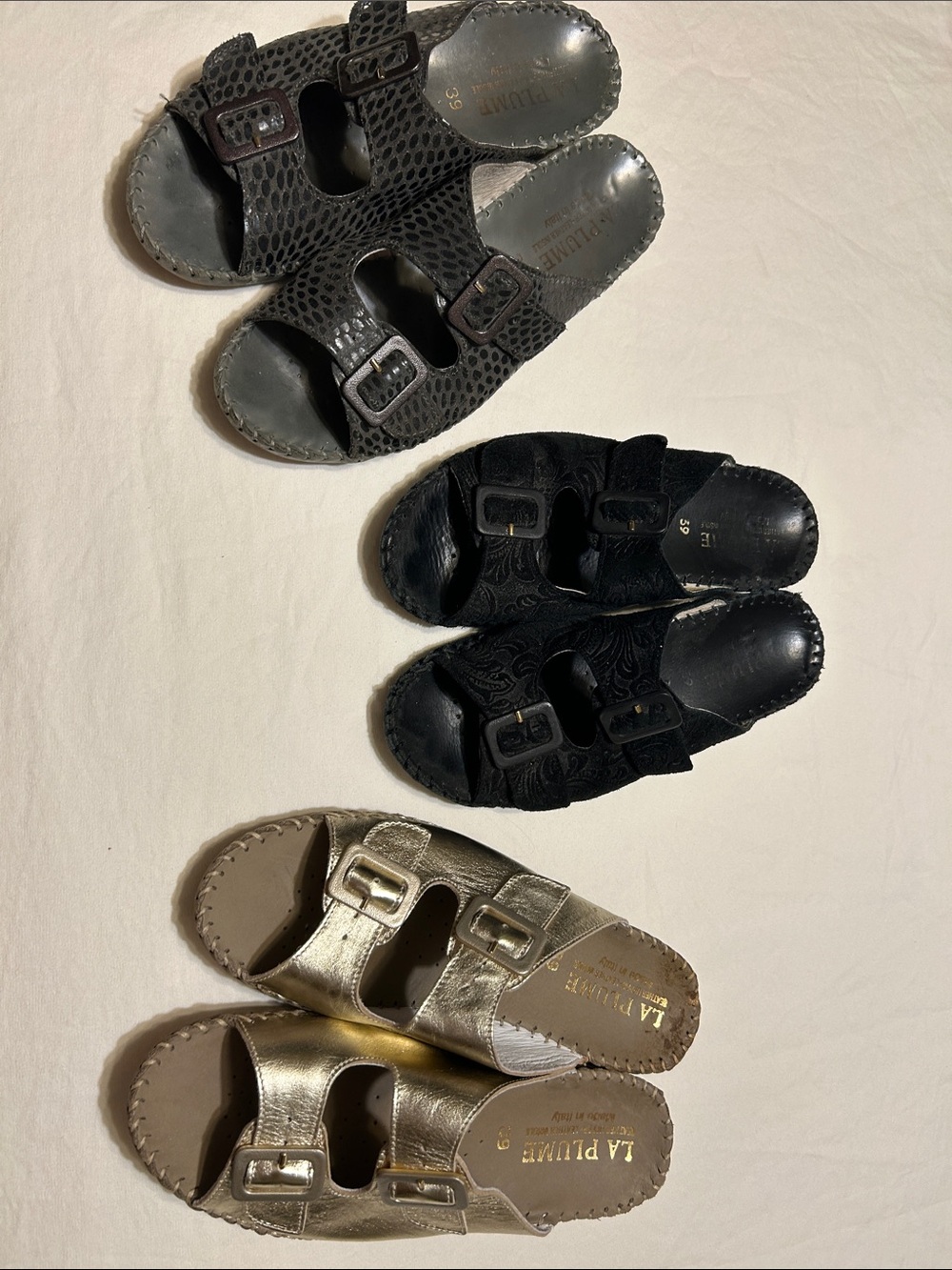 LA Plume Metallic Gold Double-Buckle Slide Sandals for Women 3 pairs